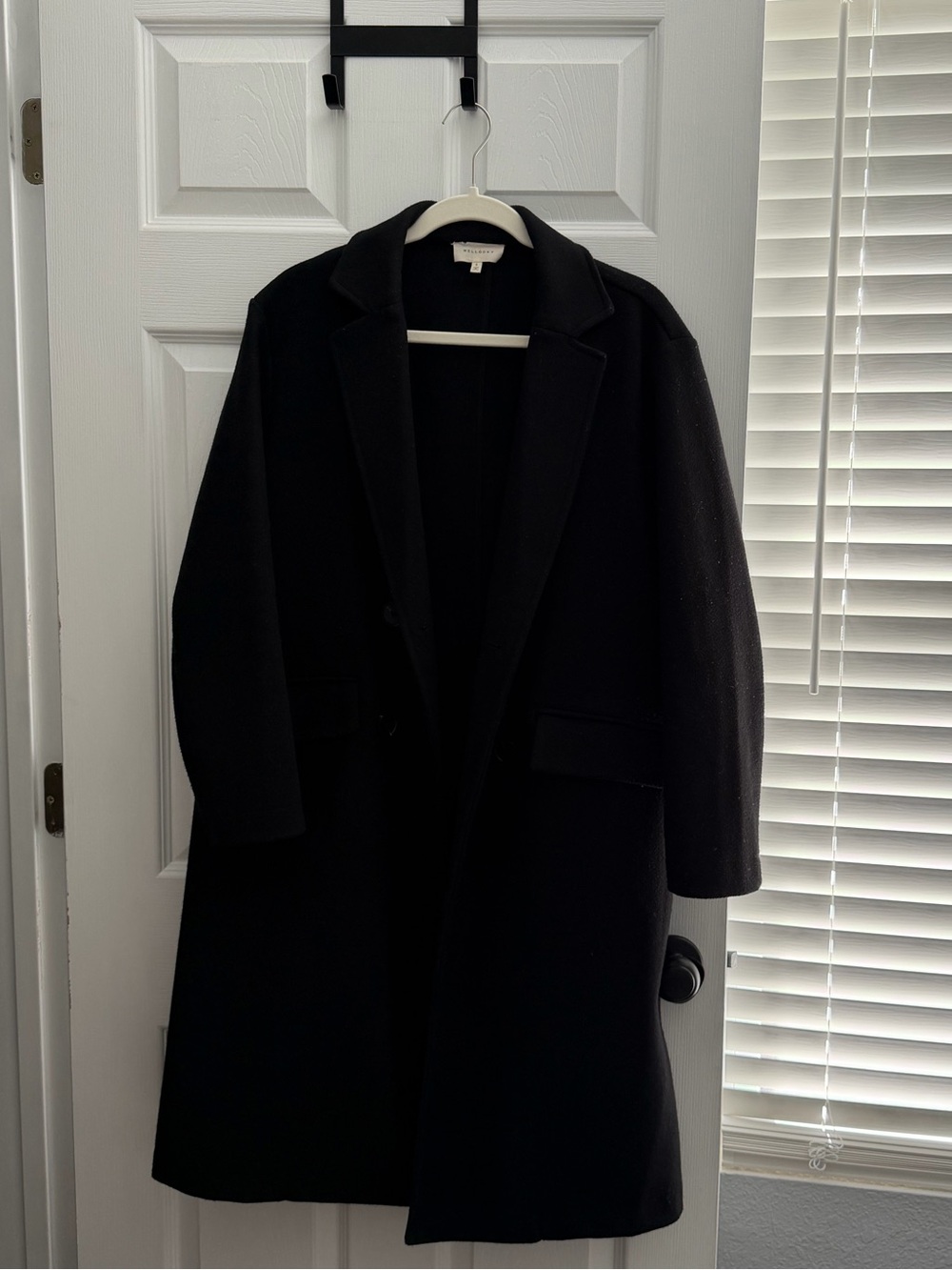 MELLODAY Black Wool-Blend Pea Coat with Notched Collar